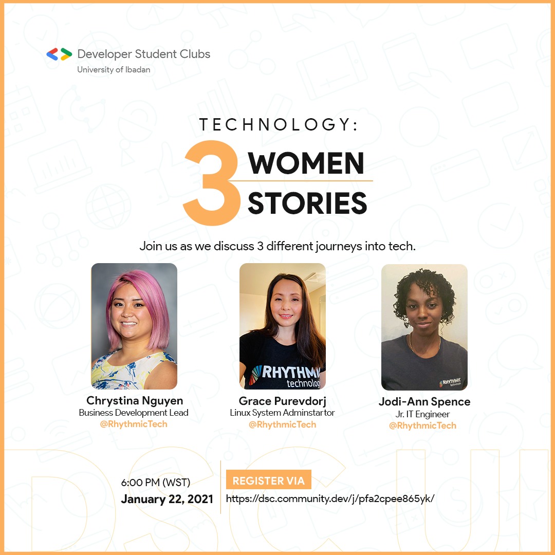 gdg_ui's tweet image. We are hosting three amazing women in Tech from @RhythmicTech as they share their experiences and pointers from their journey in Tech 💡
 Join us! 
🗓 Saturday, 22nd January 2021
🕒 6pm WAT

RSVP 👇🏽 
dsc.community.dev/j/pfa2cpee865y…
#DSCUI