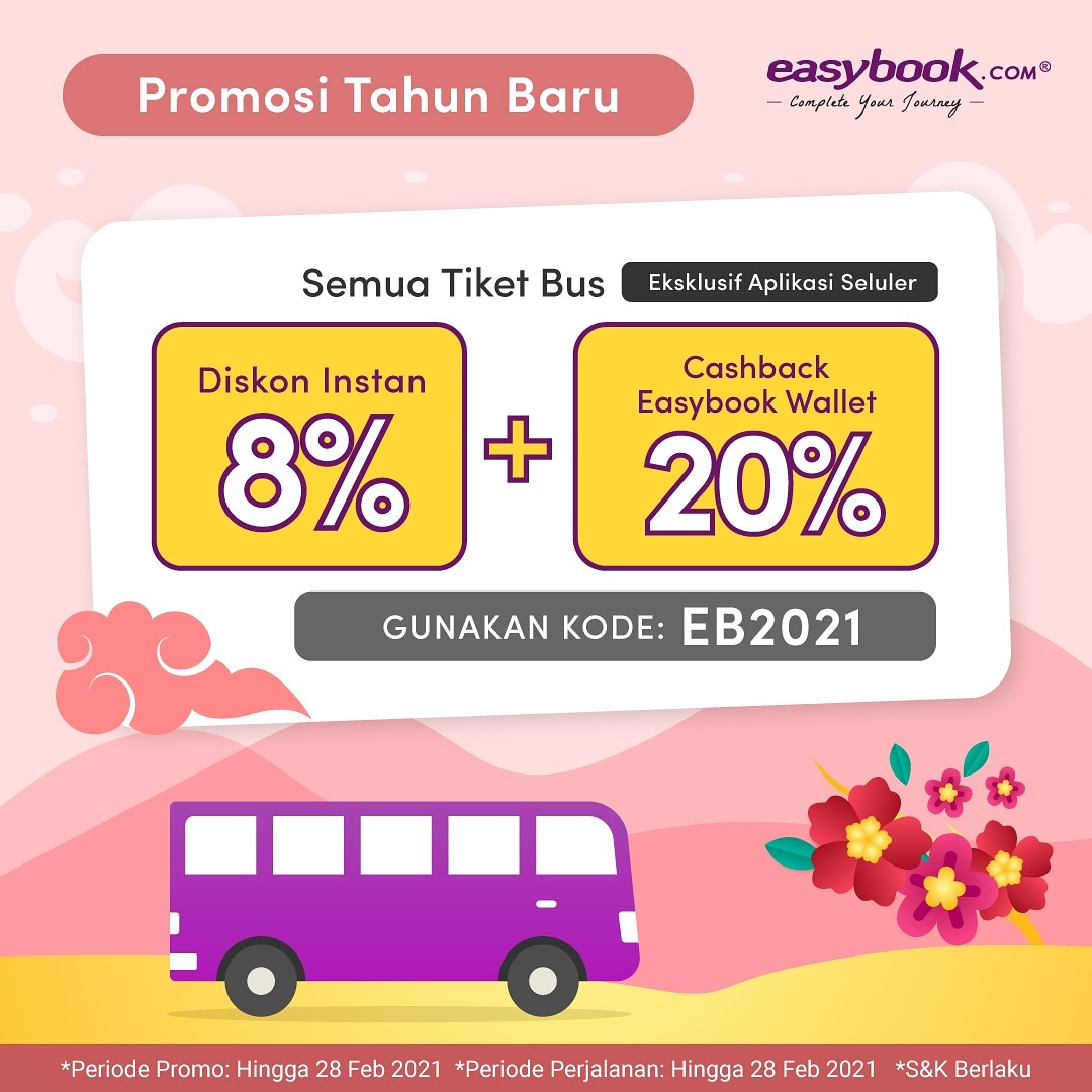 easybook_id's tweet photo. Halo Sobat Penggemar Bus! 🚌🎉
Khusus buat kamu yang mau bis-bisan, yuk pesan tiket bus di aplikasi easybook! Dan dapatkan diskon instan 8% dan cashback 20% di easywallet kamu. 

Promo berlaku untuk pembelian tiket bus di seluruh rute di Indonesia
*S&amp;K Berlaku
#easybookmakeiteasy https://t.co/IXCffuAgnt