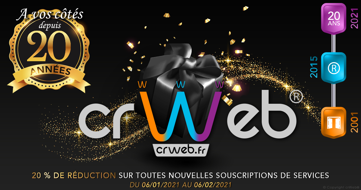 crWebFR's tweet photo. crWeb fête ses 20 ans d'expertise #web !
A cette occasion, profitez de 20% de réduction sur toutes nouvelles souscriptions de #ServiceWeb du 06/01/2021 au 06/02/2021. 
Profitez dès maintenant de cette offre anniversaire sur https://t.co/3Xfox6P2Sm
#AgenceWeb #ExpertWeb #Internet https://t.co/KnMG8w2KSD