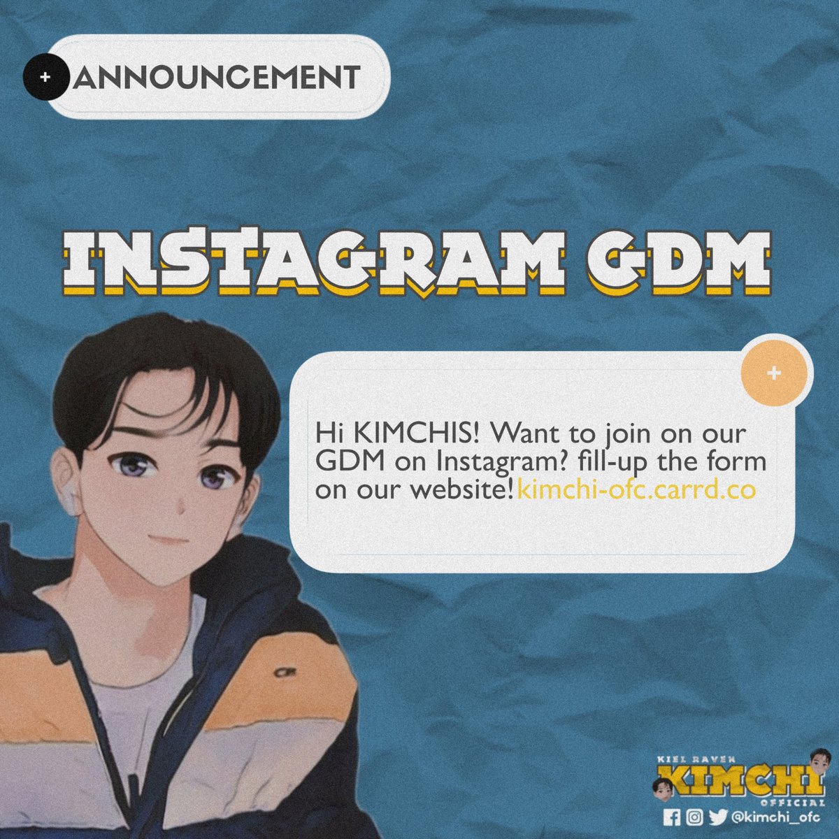 kimchi_ofc's tweet photo. - 📣 Announcement

Hi KIMCHIS! Want to join on our GDM on Instagram? Fill-up the form on our website, link on our bio!

#kielraven #kimchiofc https://t.co/vjDD2hzMWy