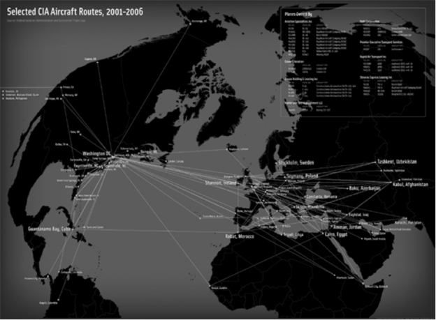 This map from “An Atlas of Radical Cartography”, 2007, by Trevor Paglen and John Emerson, shows CIA Aircraft Routes used to transport suspects to illegal prisons using fake airline companies