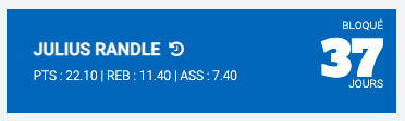 TGrelet's tweet photo. @TTFLab Petit bug j'ai l'impression : j'avais pick Julius Randle pour ce lundi, mais ça n'a pas été pris en compte et il est indisponible... Y'a moyen de récup son score pour mon lundi du coup ? https://t.co/P6RurYAg2M