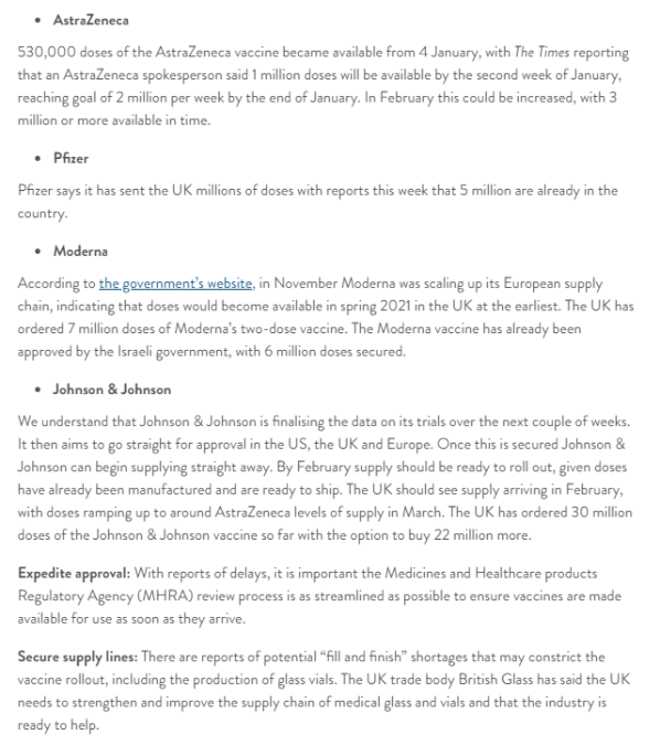 4. *Supply* There are more doses available if we have capacity to absorb them. There'll be 2m AZ a week by third week of January and a similar number from J&J in Feb. That's 4m a week. Easy to administer, they're the workhorses of our plan. We need to be ready for them.
