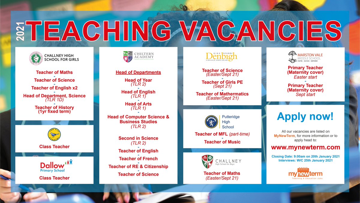 We are delighted to launch our recruitment round today. Several excellent teaching and leadership posts across our super schools. Please share, RT or apply!

For full details - chilternlt.info/vacancies

<a href="/mynewterm/">MyNewTerm</a> <a href="/love_luton/">Love Luton</a> @LoveLeightonB