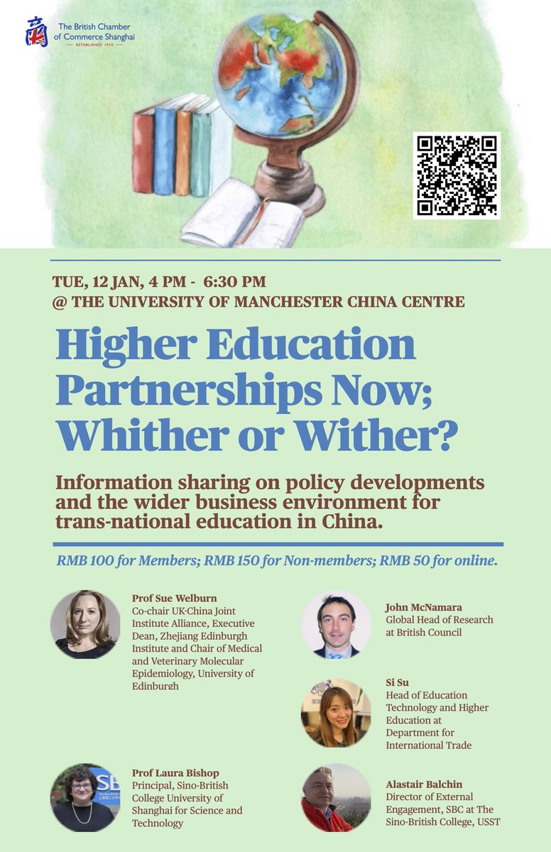 Alastair Balchin (@drajb_tne) on Twitter photo Our friends <a href="/BritChamSH/">BritCham Shanghai</a> have organised a great opportunity to join an online discussion about #TNEducation and China. Time is Shanghai so 8am GMT start.
Jan 12, 4 PM - 6:30 PM, Higher Education Partnerships Now; Whither or Wither? app.glueup.cn/event/higher-e… Our friends <a href="/BritChamSH/">BritCham Shanghai</a> have organised a great opportunity to join an online discussion about #TNEducation and China. Time is Shanghai so 8am GMT start.
Jan 12, 4 PM - 6:30 PM, Higher Education Partnerships Now; Whither or Wither? app.glueup.cn/event/higher-e…