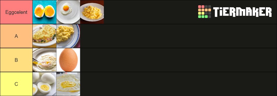 MistrRazeni's tweet image. dnes jsem si pro vás připravil vajíčkový speciál🍳

tiermaker.com/create/cooked-… #TierMaker via @TierMaker