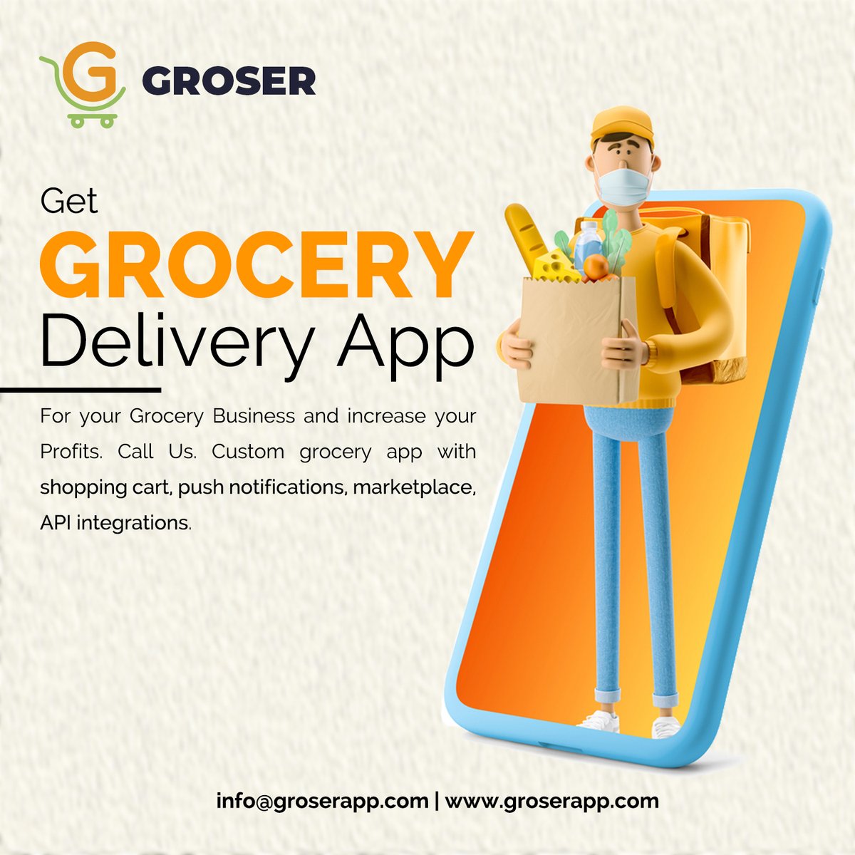 GroserLocal's tweet image. Get Grocery delivery App:-Get #Grocery Delivery App for your Grocery Business and increase your Profits. Call Us. #Custom grocery app with #shopping cart, push notifications, #marketplace, API integrations.

Connect with us Grosser
To know more Visit us/ Mail us/ Call Us.