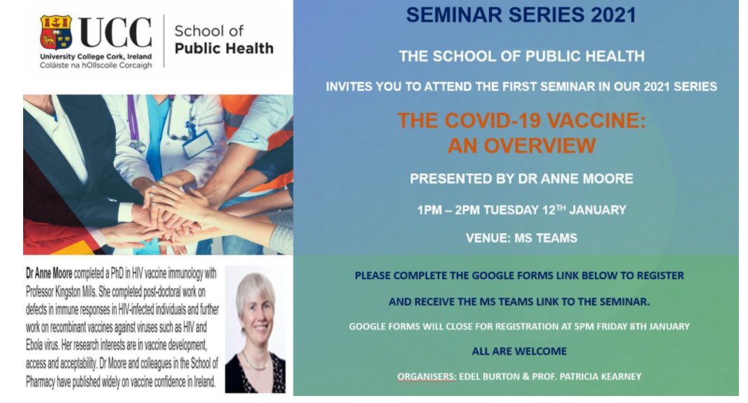 UCC School of Public Health (@uccpublichealth) on Twitter photo Our first seminar of 2021, organised by <a href="/TrishCork/">Prof Trish Kearney</a> and <a href="/EdelBurton/">Edel Burton</a>, and presented by <a href="/annec_moore/">Anne Moore</a> . Please register by close of business on Friday 8th January at the Google forms link below:
docs.google.com/forms/d/1e7dFJ… Our first seminar of 2021, organised by <a href="/TrishCork/">Prof Trish Kearney</a> and <a href="/EdelBurton/">Edel Burton</a>, and presented by <a href="/annec_moore/">Anne Moore</a> . Please register by close of business on Friday 8th January at the Google forms link below:
docs.google.com/forms/d/1e7dFJ…