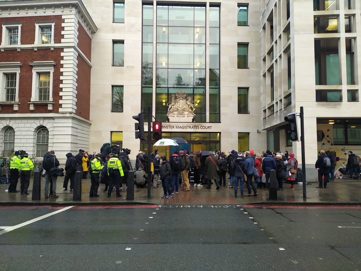 Outside Westminster Magistrates' Court for Julian Assange's latest bail hearing.