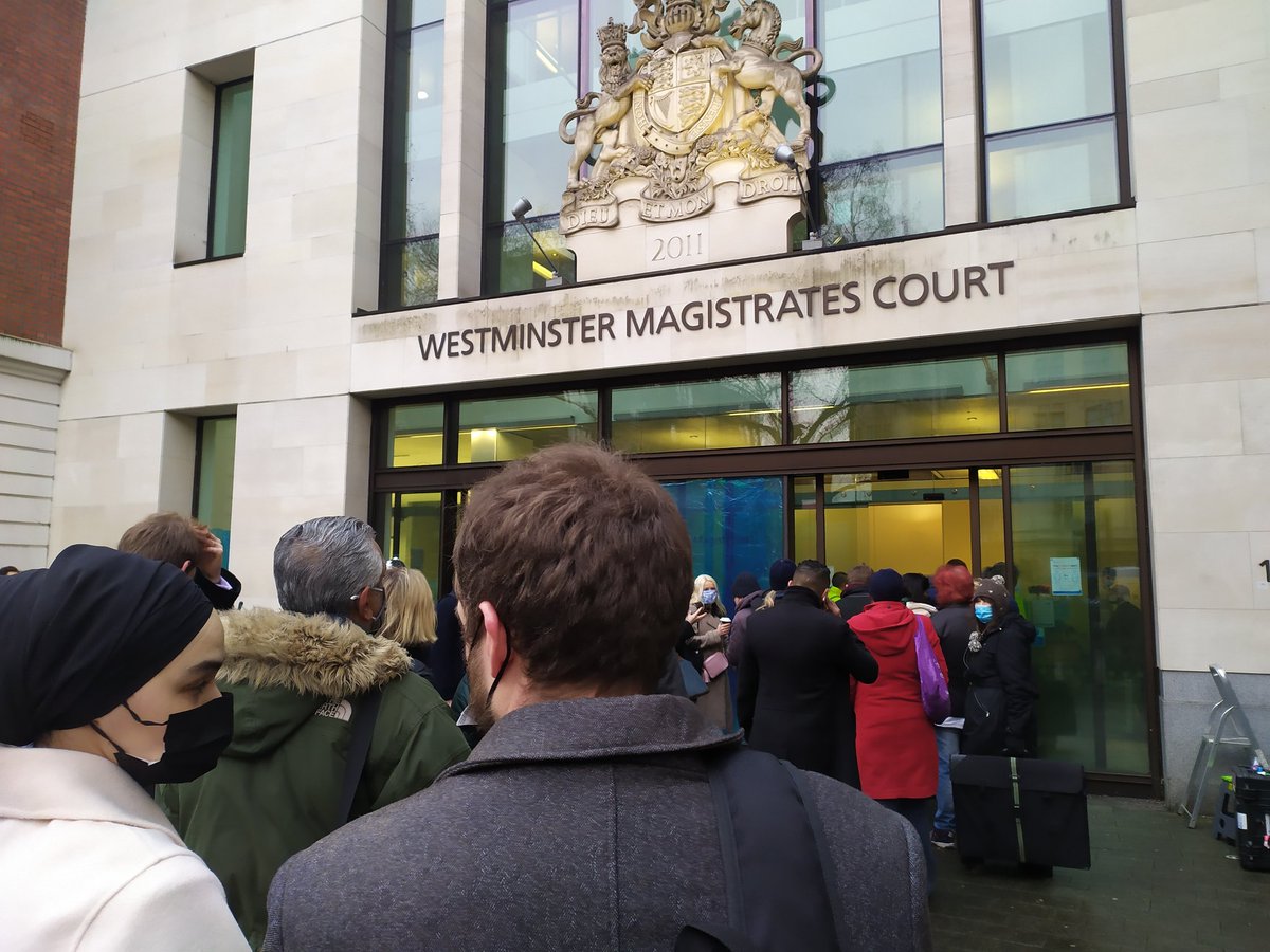 Outside Westminster Magistrates' Court for Julian Assange's latest bail hearing.