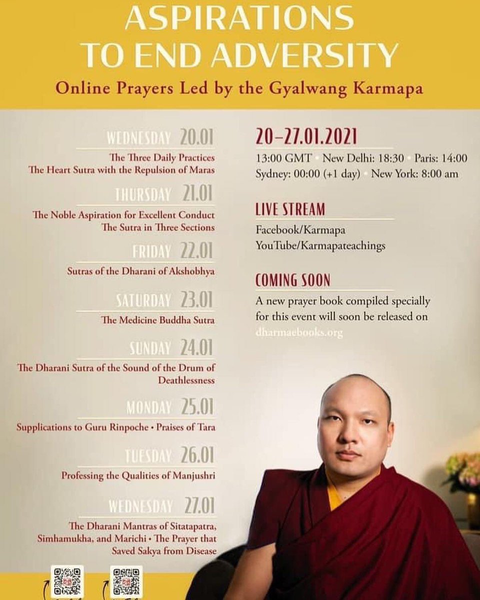 KarmapaEU's tweet photo. ASPIRATIONS TO END ADVERSITY, Online Prayers led by the Gyalwang Karmapa from Jan 20-27, 2021 on Facebook (Karmapa) and YouTube (KarmapaTeachings).
#Karmapa #Karmapa17 #17Karmapa #HHK17 #KarmapaTeachings https://t.co/qRvJ7XOI6m