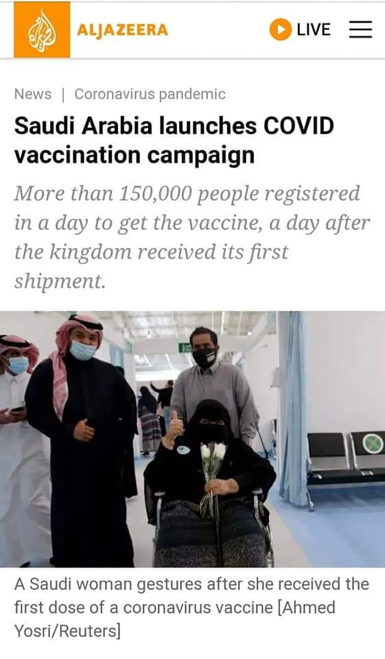 Now, Saudi has secured vaccination for all it's citizens,whereas in the North the Islamic Clerics are still telling their own people that there's nothing like Covid. Some even said that the Virus was caused by America to prevent Muslims from observing the Hajj Pilgrimage to Mecca