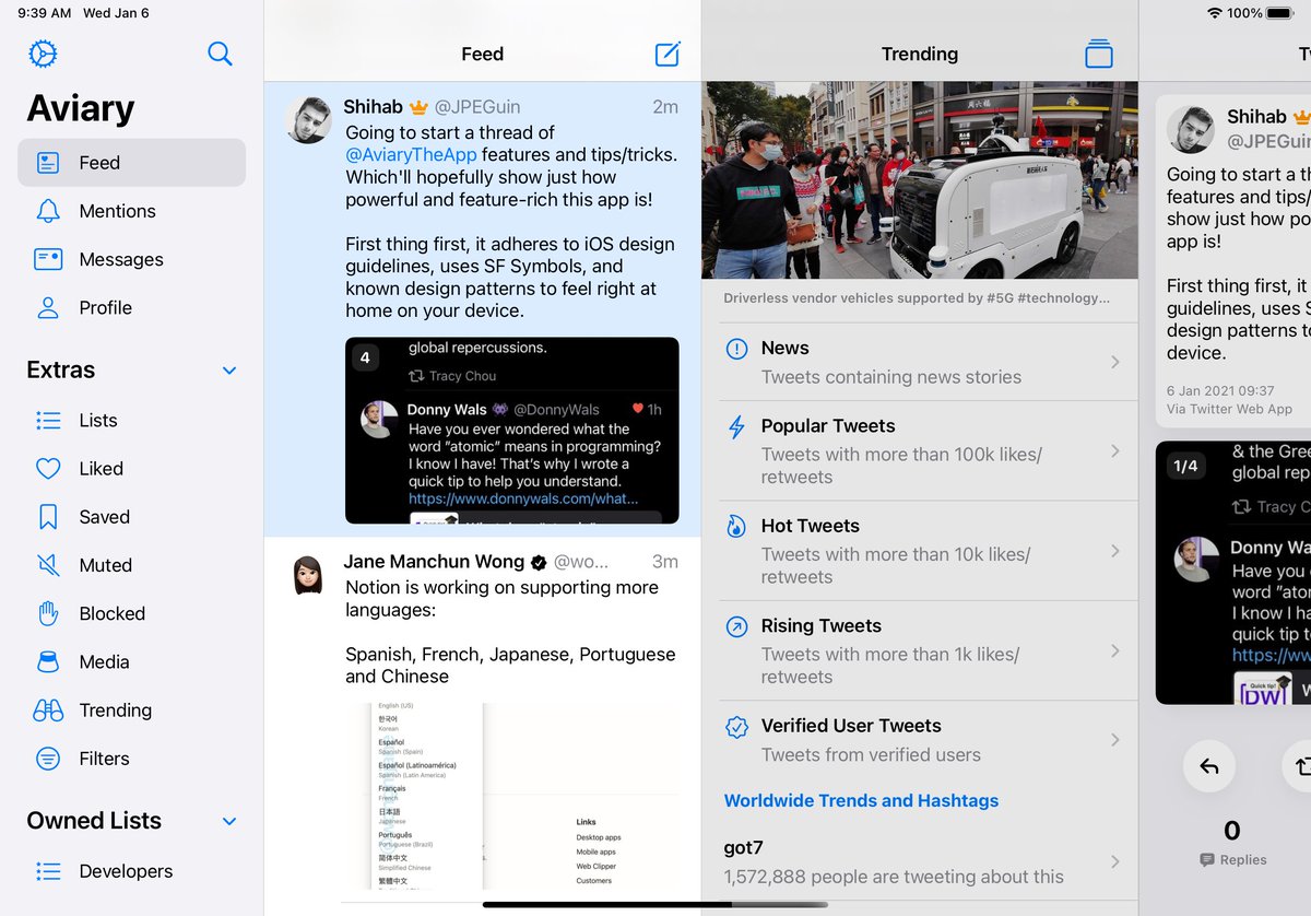 The iPad app makes use of the screen real-estate and sidebars to give a multi-column twitter experience unlike any other. A variety of settings options also help tweak the sidebar behaviour to how you prefer.