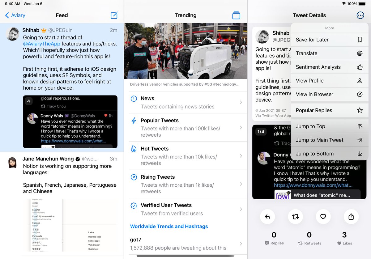The iPad app makes use of the screen real-estate and sidebars to give a multi-column twitter experience unlike any other. A variety of settings options also help tweak the sidebar behaviour to how you prefer.