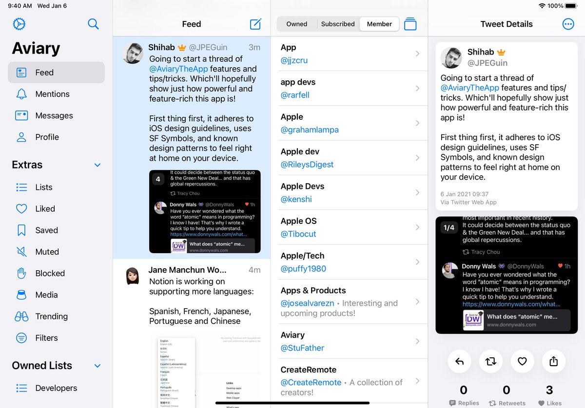 The iPad app makes use of the screen real-estate and sidebars to give a multi-column twitter experience unlike any other. A variety of settings options also help tweak the sidebar behaviour to how you prefer.