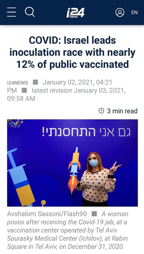 As at today, Israel has vaccinated 12% of their population (over a million people). And I just saw it in the news, where the Israeli Prime Minister said that the entire population would be vaccinated by April this year.