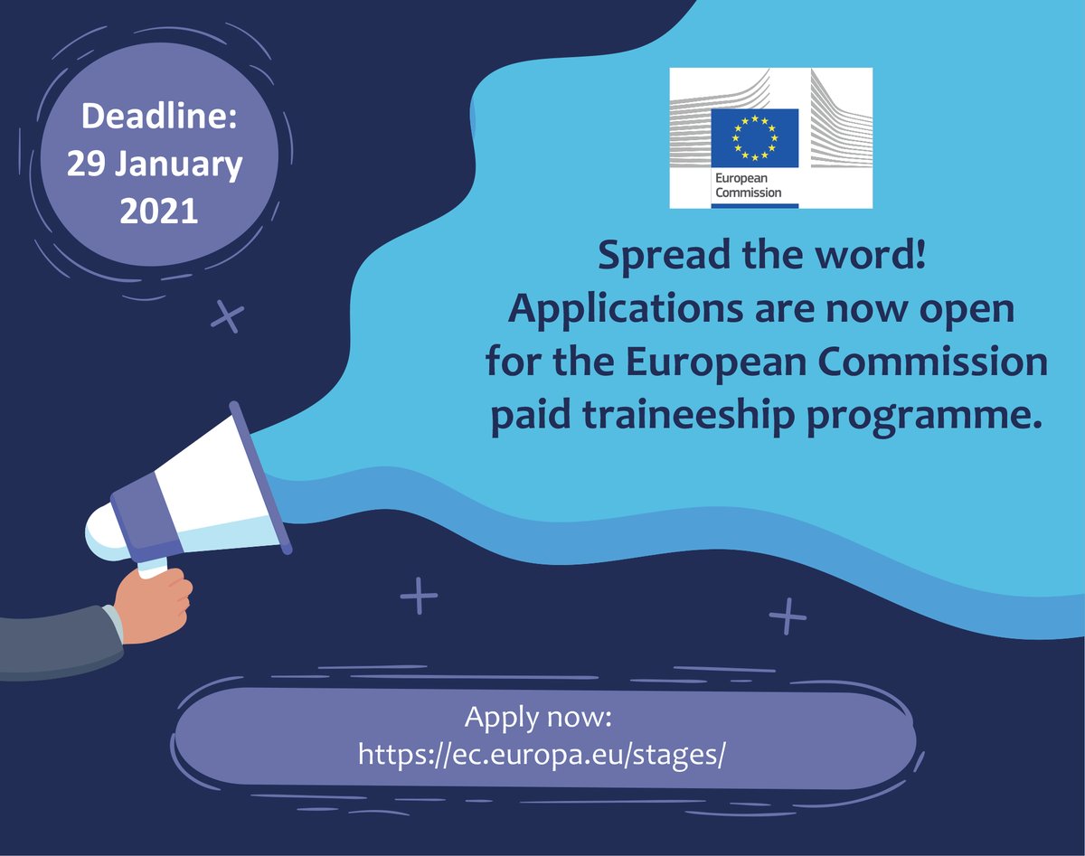 New year & wonderful chance to gain new perspectives for your life and promote 🇹🇷 by taking part in 🇪🇺 institutions! To apply @EU_Commission's paid traineeship opp for Oct 2021 - Feb 2022:
⏰Deadline: 29 Jan 2021
🙋Details and Apply: ec.europa.eu/stages/
#BlueBookTraineeship