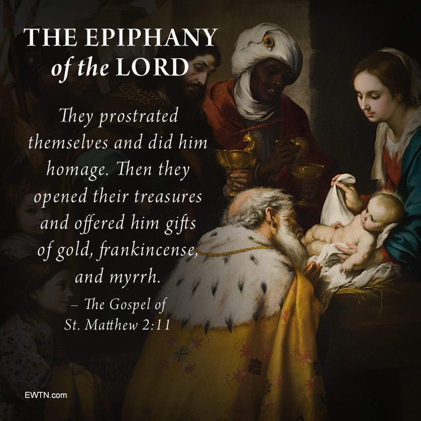 The feast of the Epiphany celebrates the many ways Christ has made Himself known to the world, mainly: the visit of the Magi (Matthew 2:1-12), the baptism of Jesus (Mark 1:9-11), and the miracle at Cana (John 2:1-11). 

catholicnewsagency.com/saint/the-epip… 

#EWTN #Catholic #Epiphany
