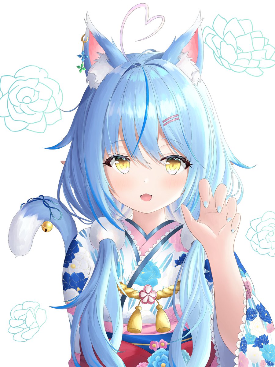 yukihana lamy 1girl animal ears solo cat ears blue hair streaked hair japanese clothes  illustration images