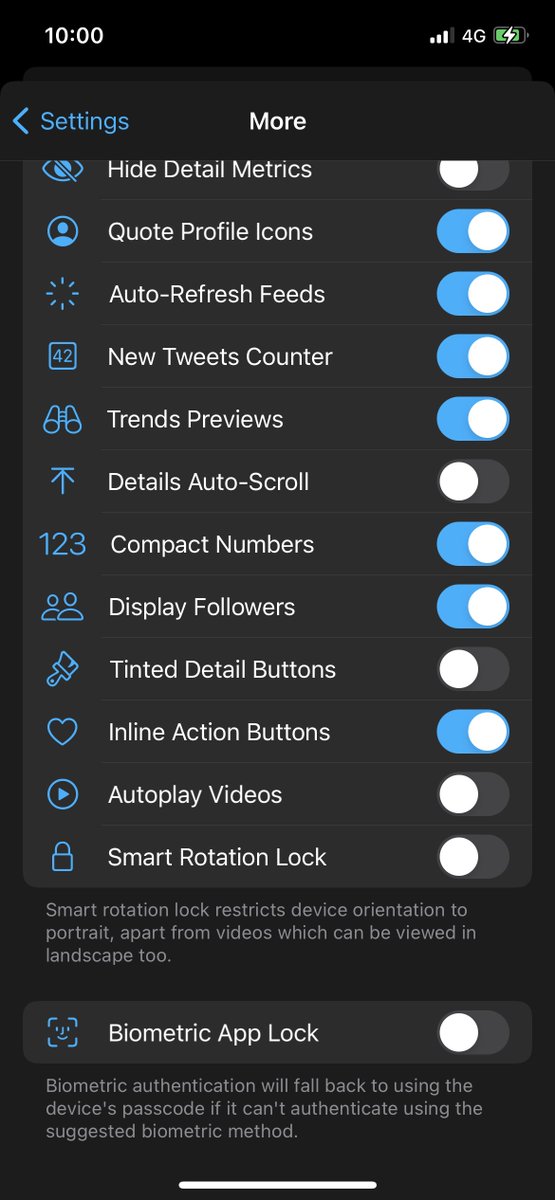 There are settings options for almost anything and everything. Including the ability to lock the app with biometrics, have inline action buttons in tweet timelines, and tab bar titles.