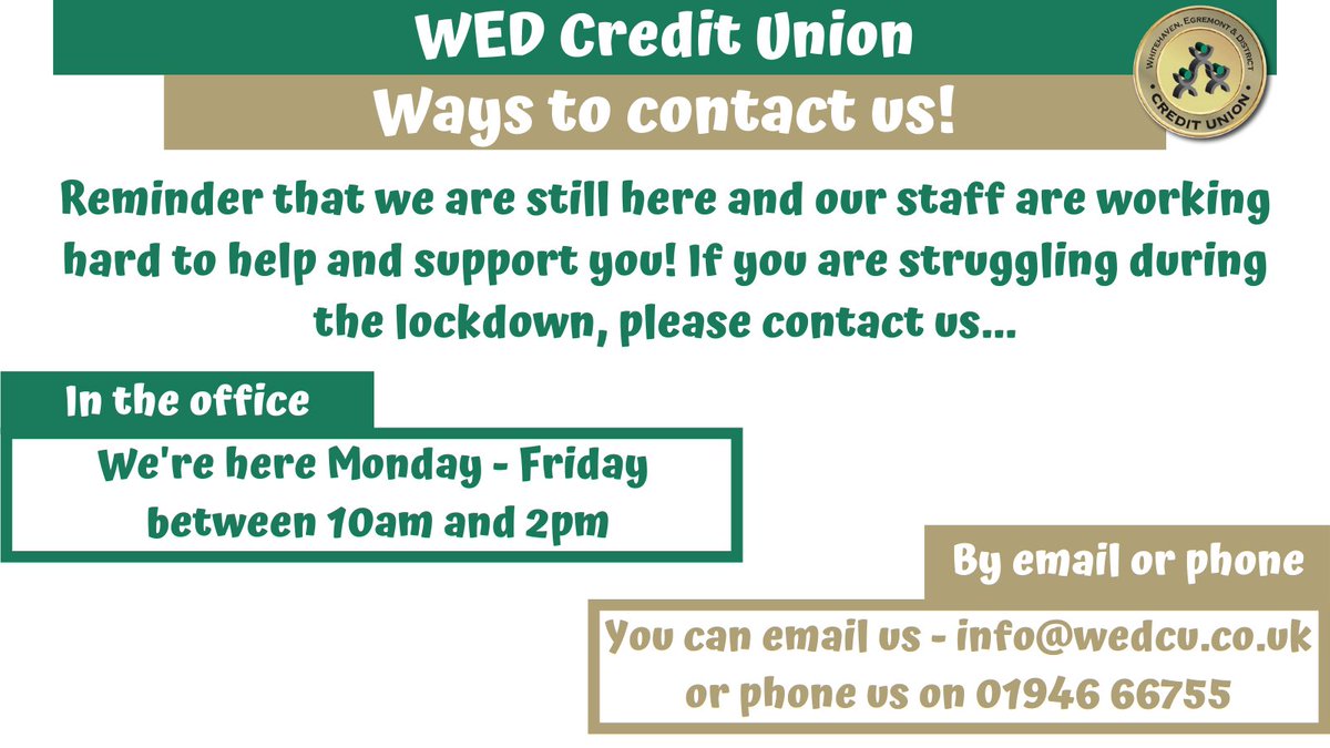 WEDCreditUnion's tweet photo. If you're struggling during the lockdown, please contact us! We're here to help 🙂 https://t.co/m6BJh0iHku