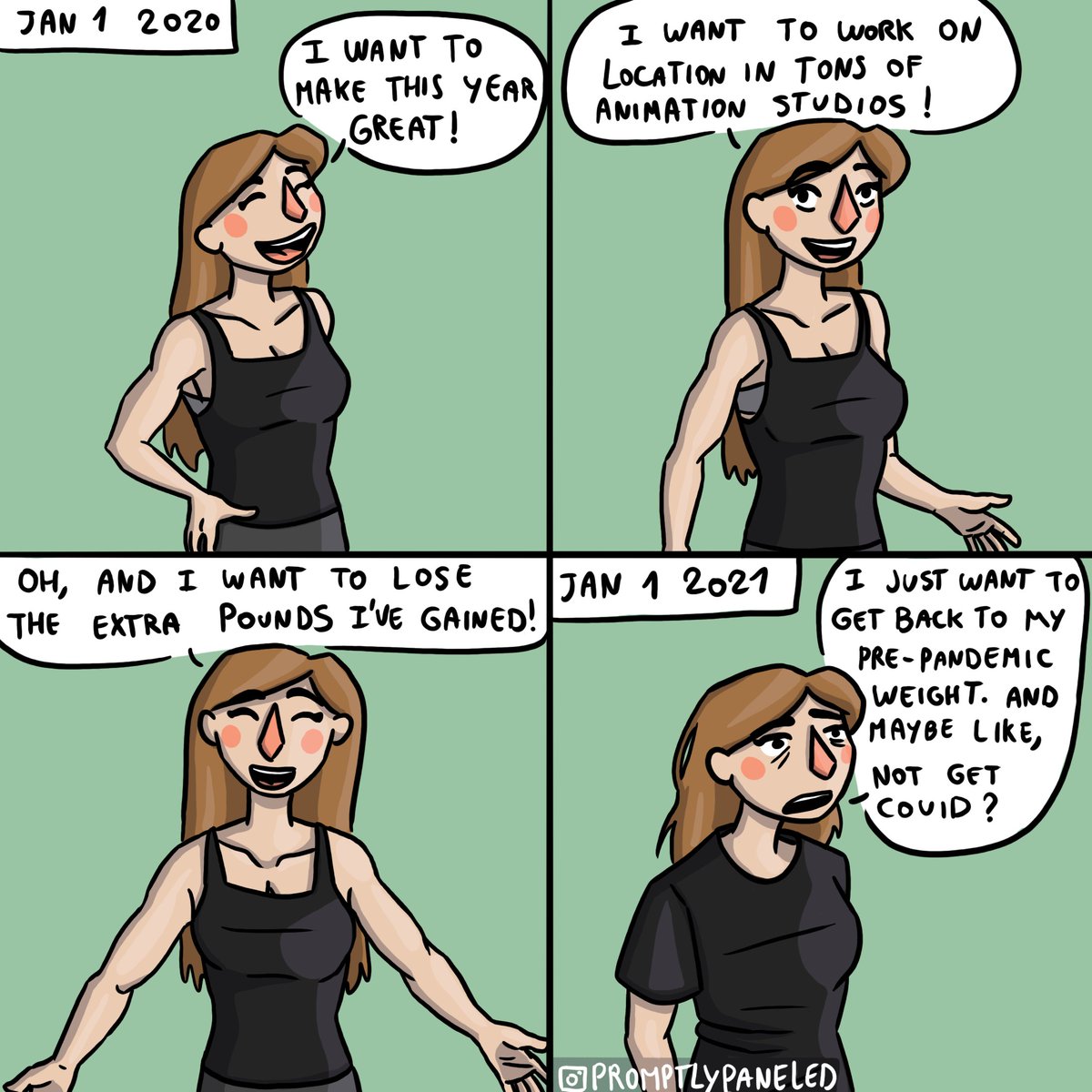 PromptlyPaneled's tweet photo. First #comic of 2021, about new year's resolutions and pandemic weight! 

Personally, I hope to #ringfit until I feel good about my reflection again :') 
#webcomic #Instagram #instacomic https://t.co/lv6QAUJO98
