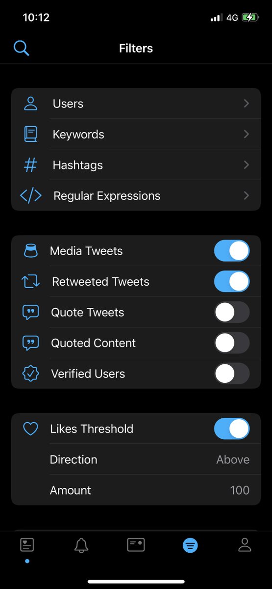 A variety of powerful filter options allows you to mute content from your timelines. This can be filtered by users, words, hashtags, regex, tweet specifics, like/retweet/follower count thresholds, and even by sentiment.