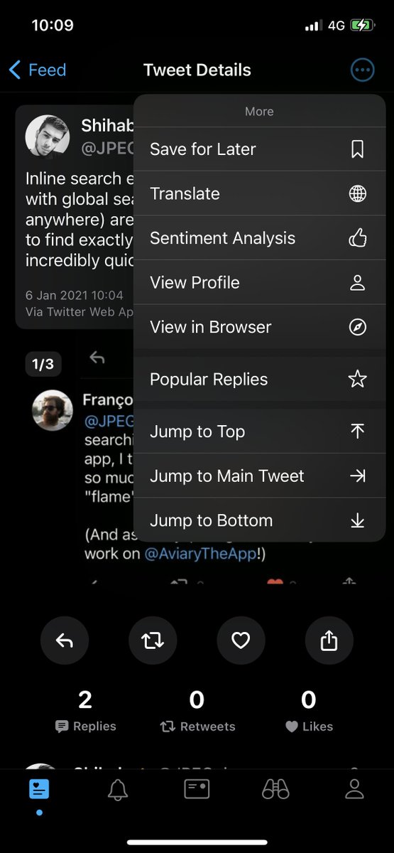 When viewing tweet details, you can quickly jump to the top or bottom of threads, as well as translate tweets and perform sentiment analysis on them to figure out whether they're largely positive or negative.