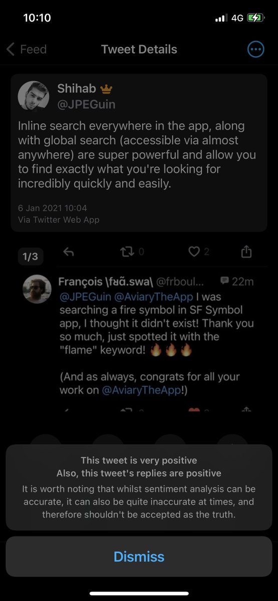 When viewing tweet details, you can quickly jump to the top or bottom of threads, as well as translate tweets and perform sentiment analysis on them to figure out whether they're largely positive or negative.