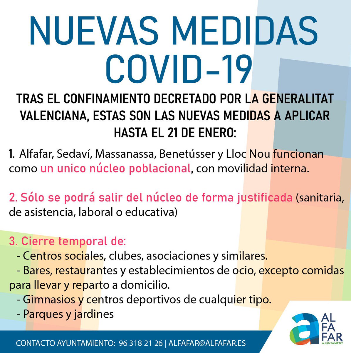 📣 NUEVAS MEDIDAS COVID-19 📣

Tras el cierre perimetral decretado por parte de la Generalitat Valenciana, se endurecen las medidas publicadas ayer. Estas nuevas medidas serán aplicables a partir del 7 hasta el 21 de enero. 

#AlfafarÉsInformació