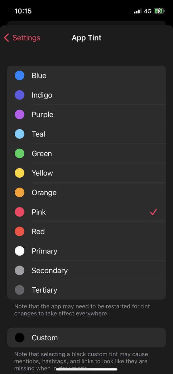 You can choose from a variety of tint and theme options, or even choose your own custom tint. The background can be toggled between true black and a dark grey, and there's also a 'campsite mode' which allows you to browse timelines with it being easier on your eyes.