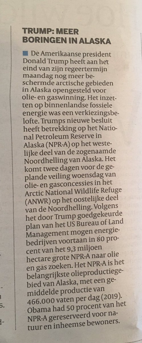 mamboe29's tweet photo. Klein berichtje op pagina 14 maar met (potentieel) grote gevolgen voor de natuur. Ernstig dat dit anno 2021 (!) nog gebeurt. Mensen zijn hardleers. #boringen #alaska #Trump https://t.co/PVu2quyb9T