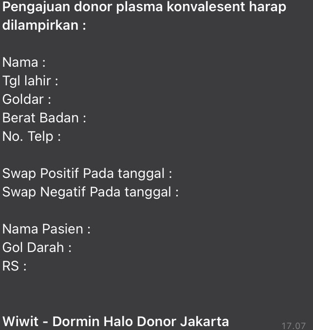 anaschtasha's tweet photo. PLEASE RETWEET THIS.

Dibutuhkan:

DONOR PLASMA DARAH UNTUK PLASMA KONVALESEN COVID-19

Hub nomor Whatsapp resmi PMI area DKI Jakarta:
08568864678 https://t.co/HWx2jdzPZS