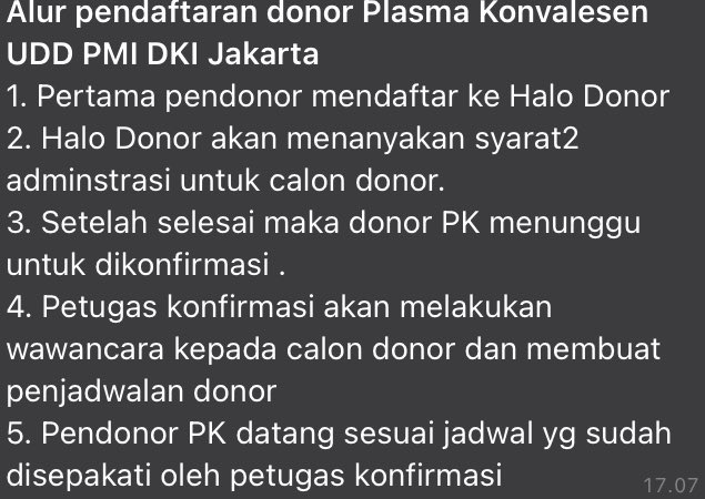 anaschtasha's tweet photo. PLEASE RETWEET THIS.

Dibutuhkan:

DONOR PLASMA DARAH UNTUK PLASMA KONVALESEN COVID-19

Hub nomor Whatsapp resmi PMI area DKI Jakarta:
08568864678 https://t.co/HWx2jdzPZS