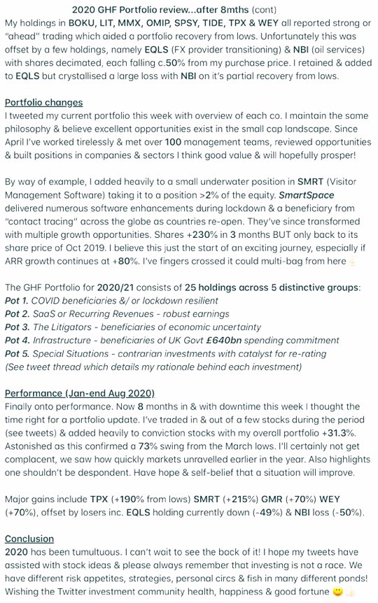 3/ At end August I wrote up the position I found myself, having recovered from a dreadful Q1 both personally & portfolio terms. Down (-42%) at March lows to +31% end AugThis was due predominantly to large gains in  #TPX  #GMR  #SMRT &  #WEY offset by large losses in  #EQLS &  #NBI