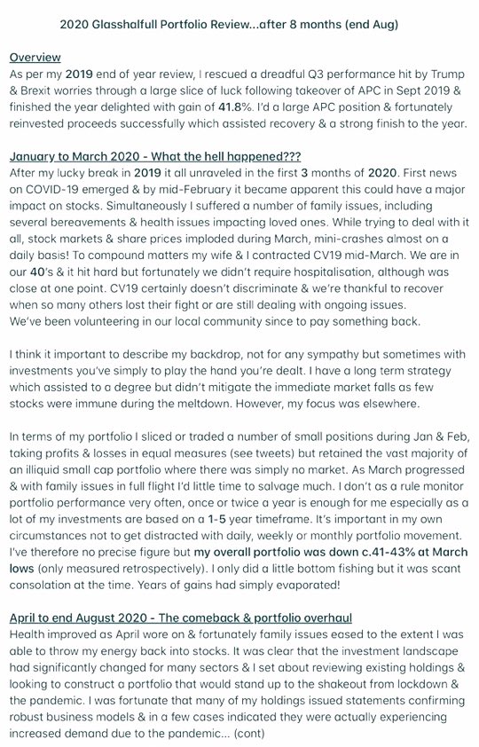 3/ At end August I wrote up the position I found myself, having recovered from a dreadful Q1 both personally & portfolio terms. Down (-42%) at March lows to +31% end AugThis was due predominantly to large gains in  #TPX  #GMR  #SMRT &  #WEY offset by large losses in  #EQLS &  #NBI