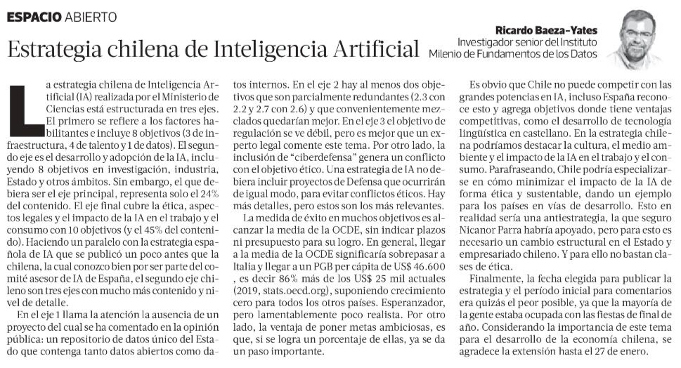 PolarBearby's tweet photo. [#IAChile] Mis comentarios sobre la estrategia chilena de IA en @latercera de hoy. Será el tema del Late de #DatoseIA de la próxima semana en @ElPeriodista. https://t.co/2sCcEKElNV