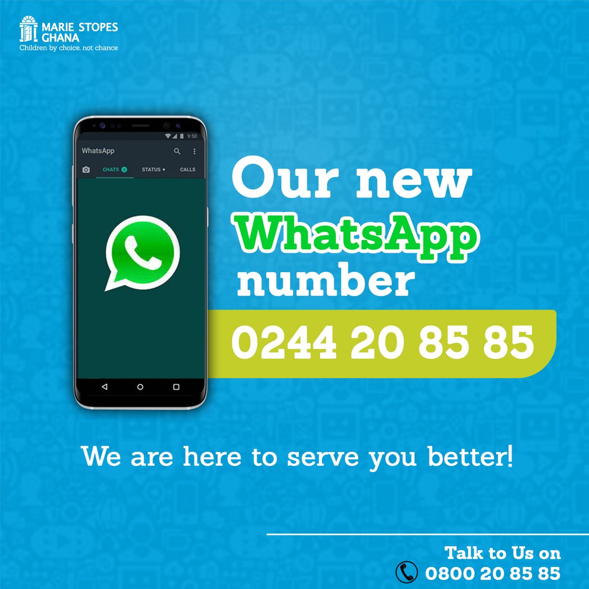 WE HAVE CHANGED OUR WHATSAPP NUMBER!
Effective immediately, <a href="/MarieStopes_Gh/">Marie Stopes Ghana 🇬🇭</a> can be reached via WhatsApp on 0244208585. 
Please update your phonebook accordingly.
#ChoiceNotChance