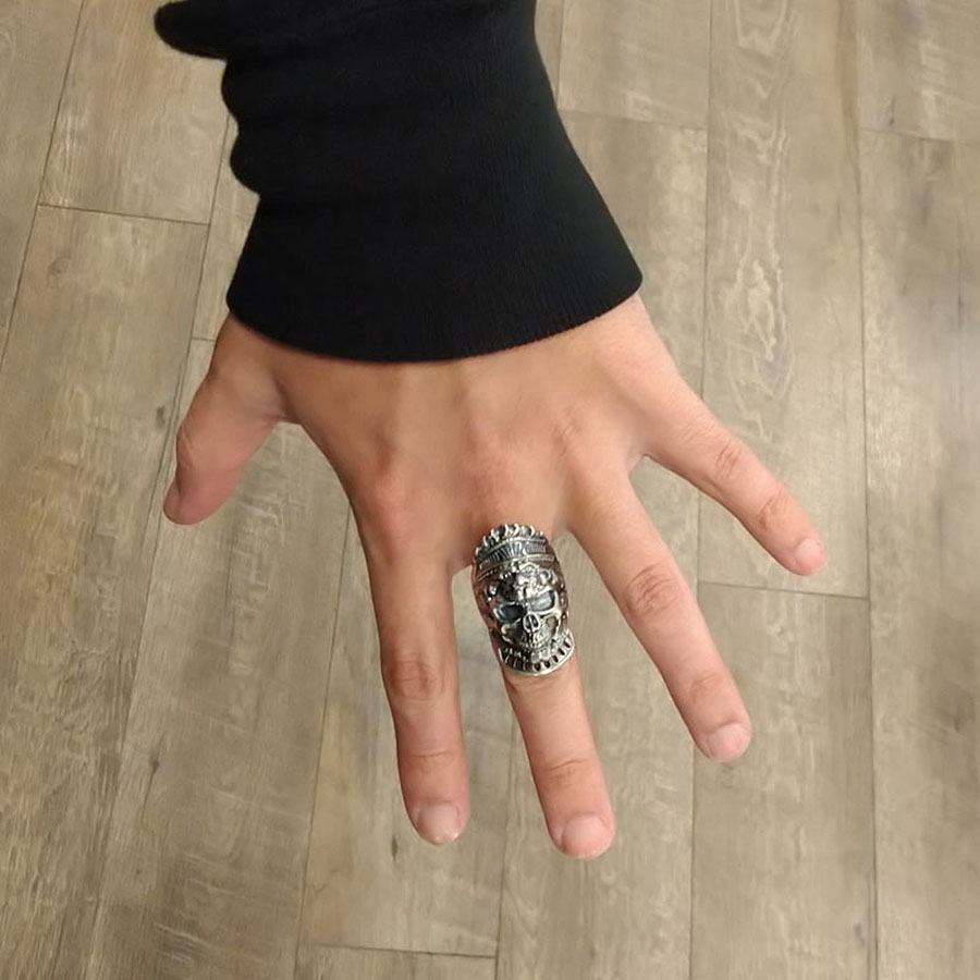 Same silver skull ring on an actual finger.