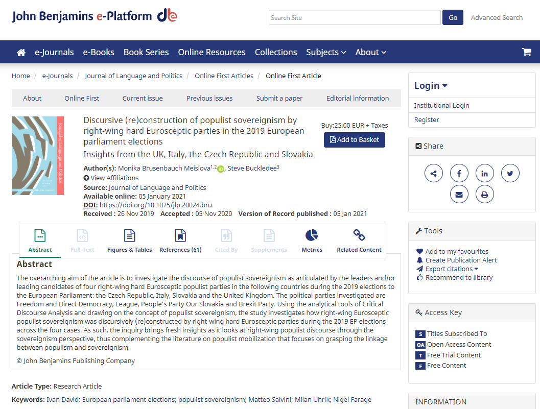 MonikaMeislova's tweet photo. Very happy to share the news that our article with Steve Buckledee on #discursive (re)construction of #populist #sovereignism in the UK, IT, CZ and SK has just been published in @jlanpol. As ever, DM me if you can’t access it.
https://t.co/3s5WZ16OrI
@MVESFSSMU @muni_cz https://t.co/vkhN7Dj1vR