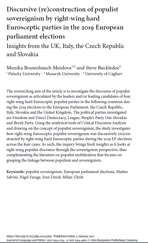 MonikaMeislova's tweet photo. Very happy to share the news that our article with Steve Buckledee on #discursive (re)construction of #populist #sovereignism in the UK, IT, CZ and SK has just been published in @jlanpol. As ever, DM me if you can’t access it.
https://t.co/3s5WZ16OrI
@MVESFSSMU @muni_cz https://t.co/vkhN7Dj1vR