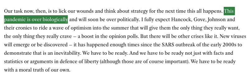 4/ Just three days ago, LockdownSceptics published an article in which the author declared that "this pandemic is over biologically". Toby Young declared the article to be "so good I'm publishing it in full".
