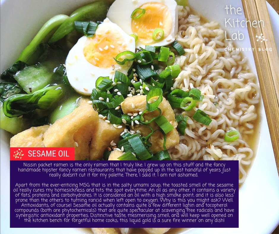 theKitchenLab_'s tweet photo. My love for #sesameoil is not so radical, but the #phytochemicals in it does capture #freeradicals!

#thekitchenlab #foodscience #food #science #chemistry #scicomm #foodfacts #funfacts #ramen #sesame #packetramen  #lignin #tocopherol #antioxidant #smell #taste  #asiancuisine https://t.co/3H9jc42R3U