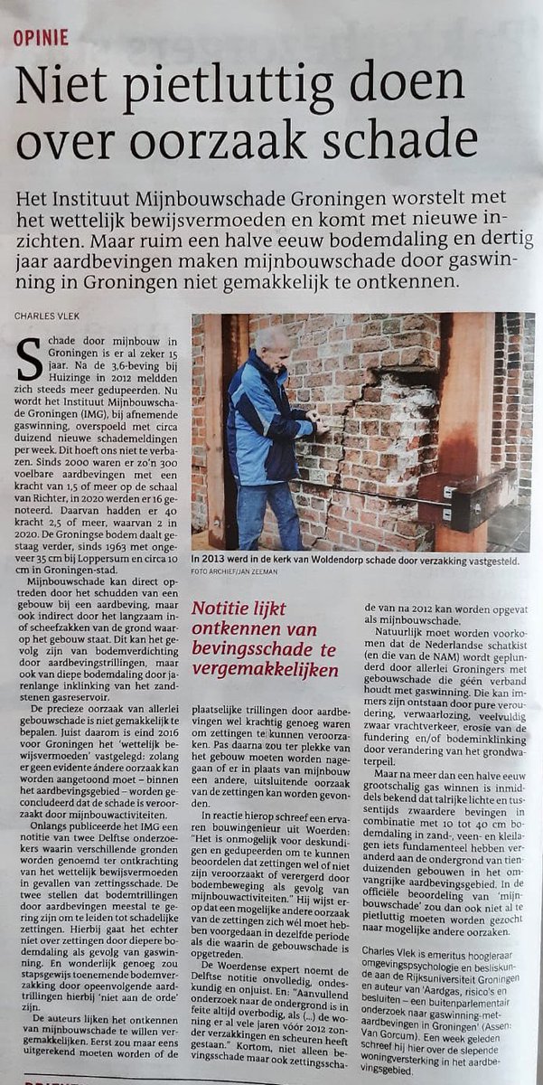 #goedemorgen “Ruim een halve eeuw bodemdaling en 30 jaar aardbevingen maken mijnbouwschade door gaswinning in Groningen niet gemakkelijk te ontkennen. <a href="/SchadeloketIMG/">Schade door mijnbouw</a> zoek niet al te pietluttig naar andere oorzaken.”