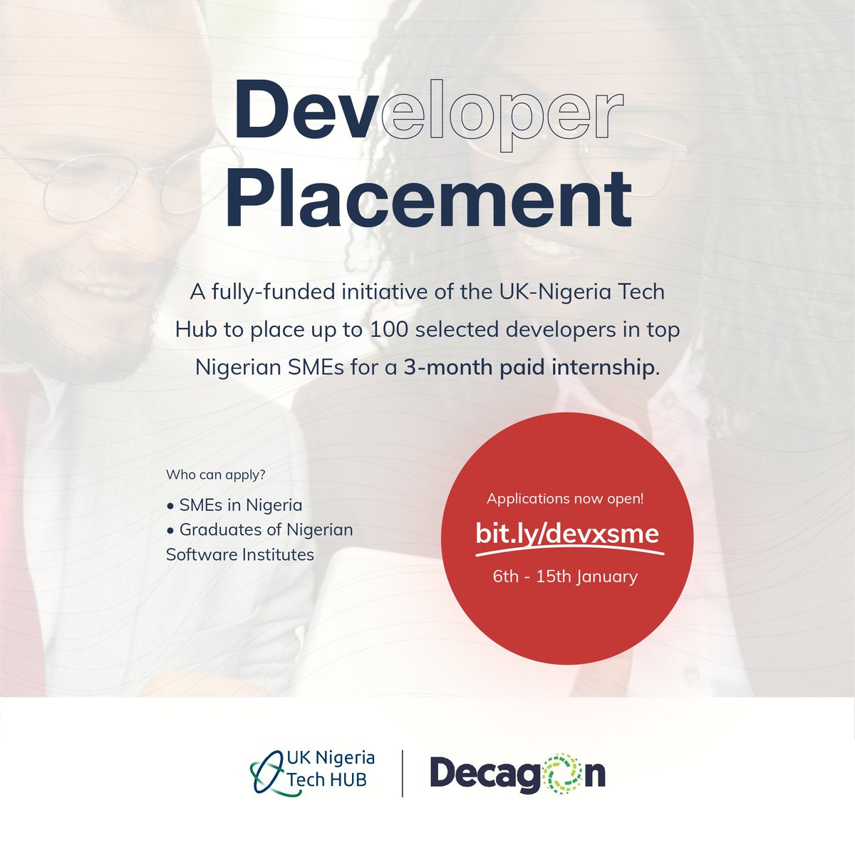ukngtechhub's tweet photo. We're excited to announce that interested software developers and SMEs in Nigeria desiring to be a part of our Developer Placement programme can now apply using this link- https://t.co/zDp2b7TEI3
#UKNGTECHHUB #DCMSTECHHUBS #Decagon
#DevPlacement #DigitalUpskill https://t.co/hTfbtgSfP0