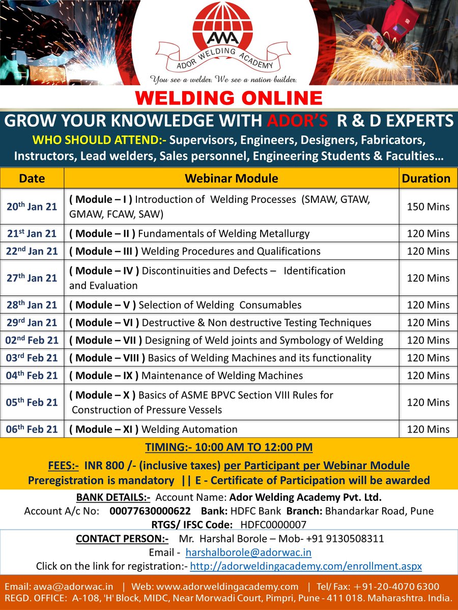 Learn Welding Online #webinarseries by #Ador Welding Academy, #pune #india When: Starting from 20th Jan 2021 Apply here
adorweldingacademy.com/enrollment.aspx
#welding #onlinewebinar #training #weldingengineers #engineers #weldinginstructors #engineeringstudents #colleges #universities #welders