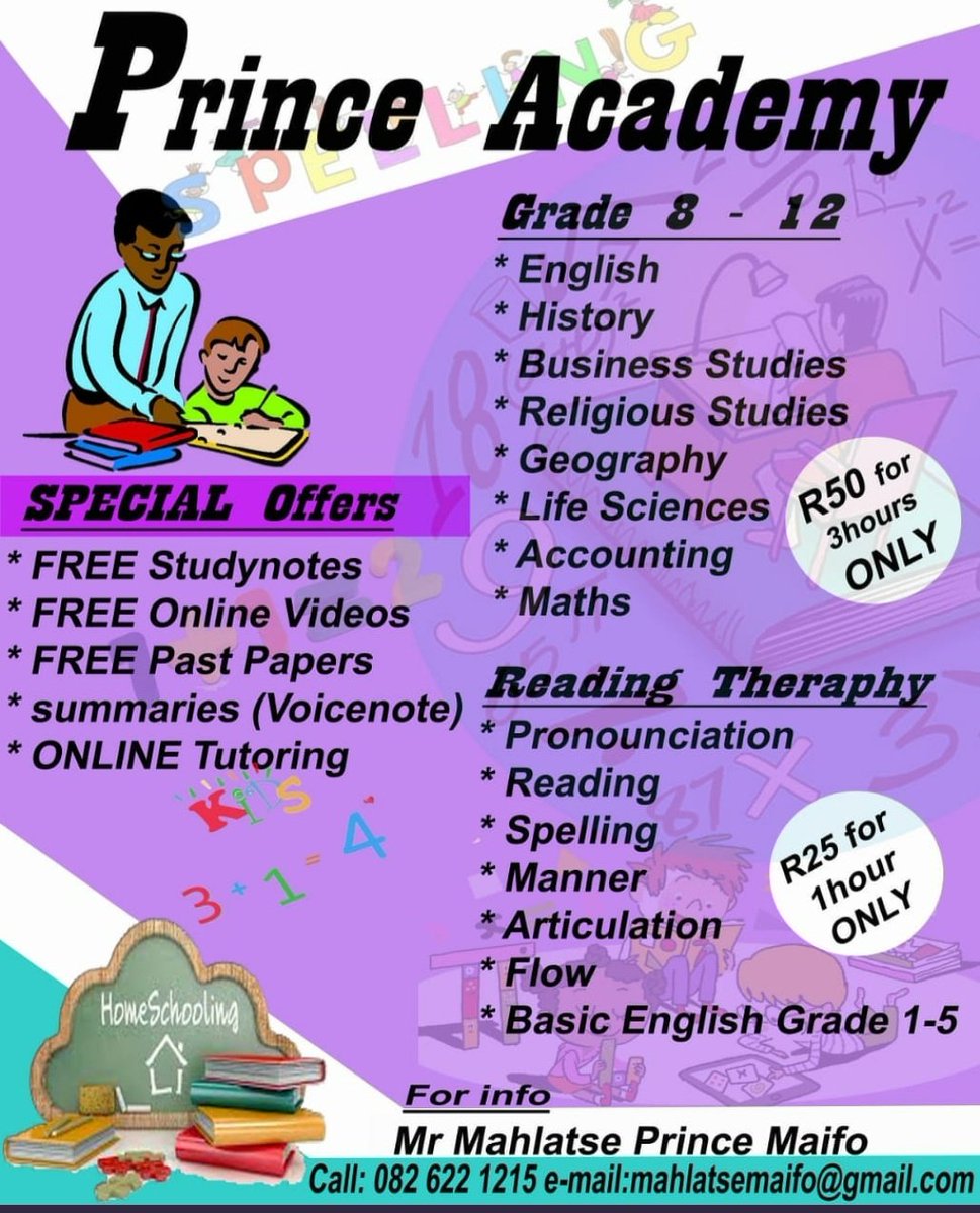 PrinceAcademy2's tweet photo. Prince Academy is a Private Tutoring company that assists school learners with all their academic requirements @ the comfort of their own home 🏡. 
#Loadshedding https://t.co/HpYkDN1R5e