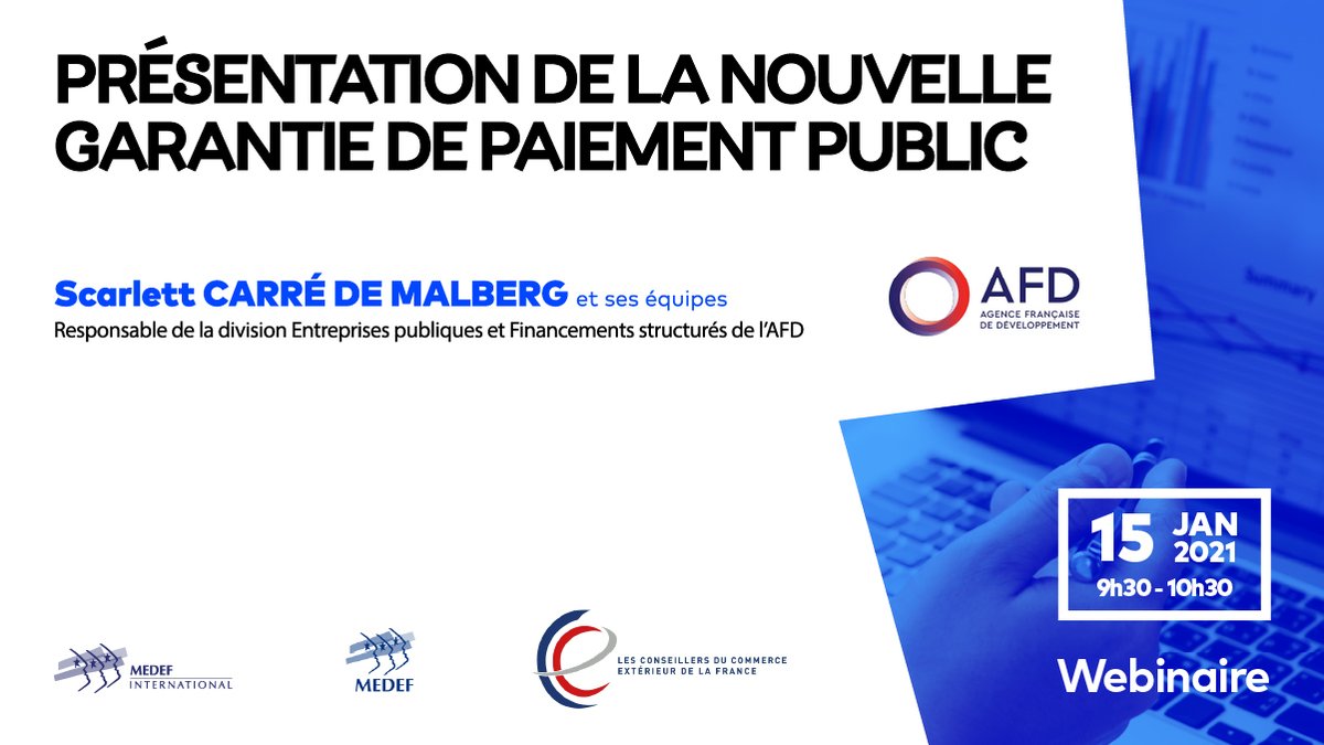 🇫🇷 <a href="/MEDEF_I/">MEDEF International</a>, l'<a href="/AFD_France/">Agence Française de #Développement (AFD) 🇫🇷 🇪🇺</a>, <a href="/medef/">Mouvement des Entreprises de France</a> et <a href="/Les_CCE/">Les CCE</a>  organisent, le 15 janvier 2021 à 9h30, un webinaire autour de Scarlett Carré de Malberg, responsable de la Division Entreprises publiques et Financements structurés de l'<a href="/AFD_France/">Agence Française de #Développement (AFD) 🇫🇷 🇪🇺</a>.

➡ Inscriptions ici : event.medefinternational.fr/afd-la-garanti…