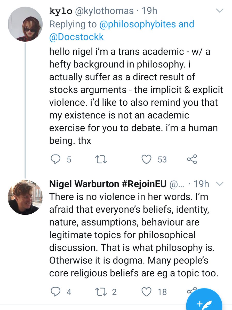 I've been thinking about this comment from  @philosophybites in response to a trans academic (and similar comments he's made elsewhere)