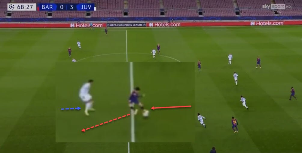 This is where Puig uses the turn of the shoulder to completely dismark himself. Here's an example below as he receives with back to goal but lets the ball slide over his body and onto his right foot so he can send it beyond the defender.